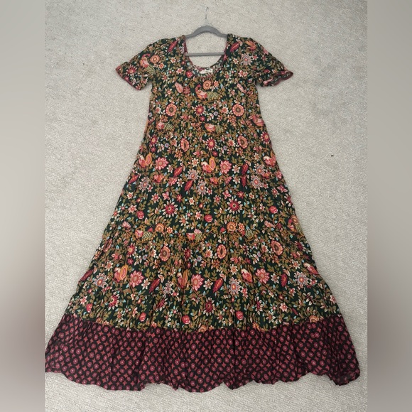 Natural Life Lucia Maxi DressBohemian Floral Flowy Print Green Pink Bird Sz Med - Picture 4 of 7
